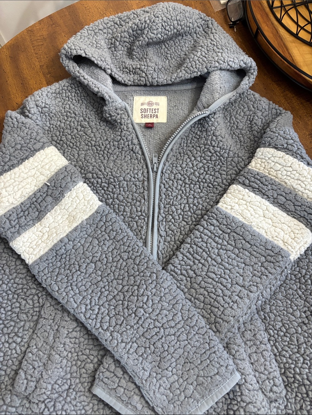 Gray Hooded Girls Jacket with White Stripes